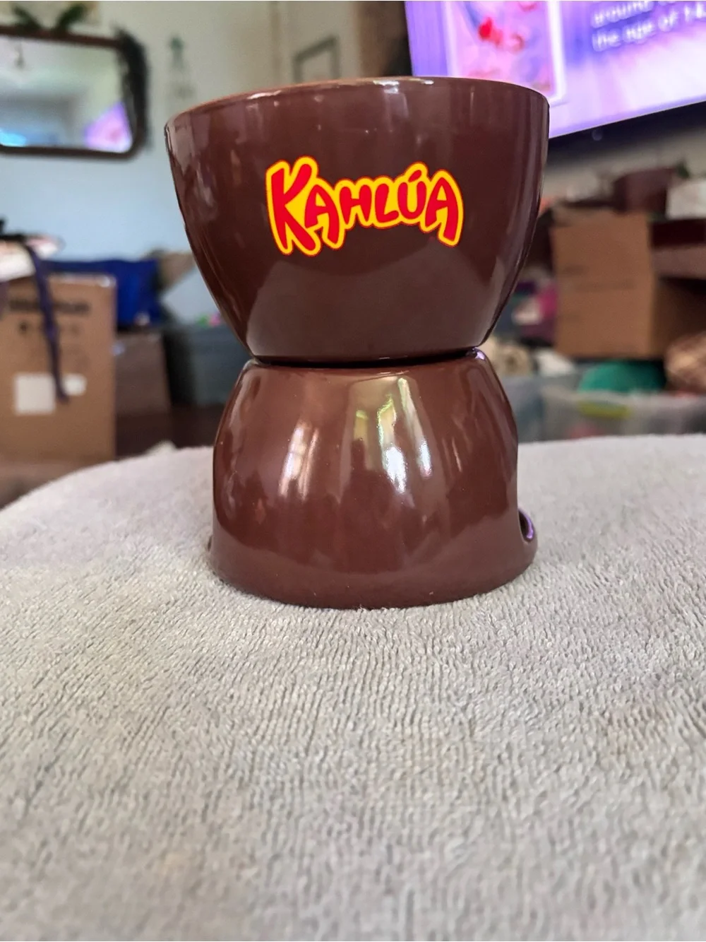 Kahlua brown ceramic chocolate fondue with a 'KAHLUA' logo